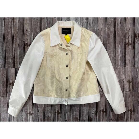 Lafayette 148 Leather Snake Print cotton sleeve Jacket sz M ivory/white NWOT